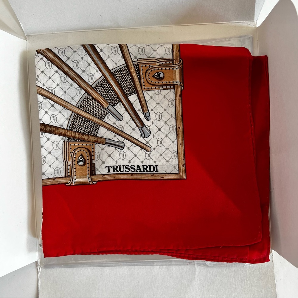 Trusssrdi Italian Silk Red Multi Scarf New in Package Vintage - Picture 4 of 5